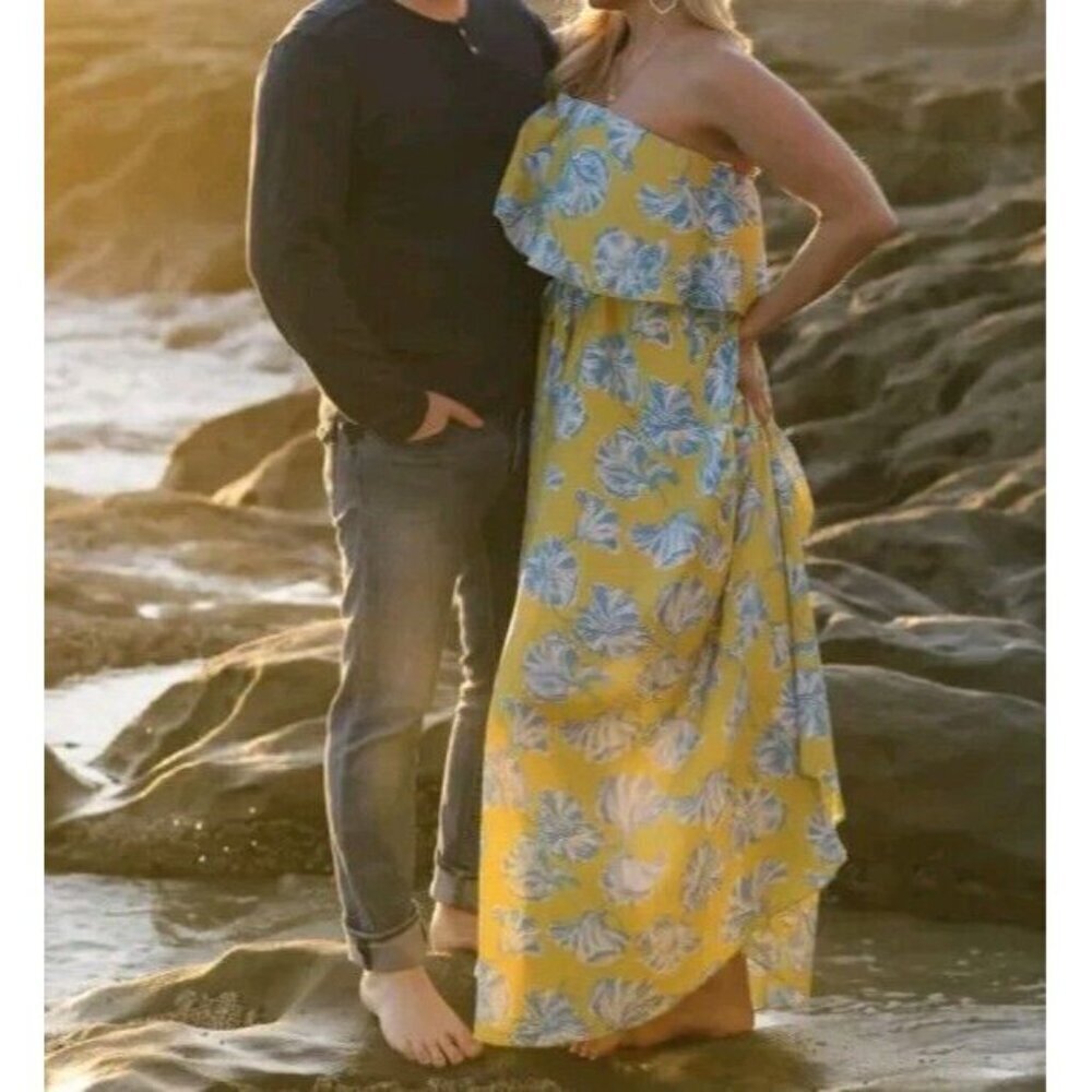 Lulus L Love Boldly Yellow Floral Print Strapless Maxi Dress High Slit Tropical - Picture 2 of 15